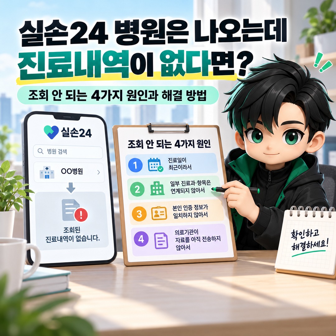 실손24 병원은 나오는데 진료내역이 없다면? 조회 안 되는 4가지 원인과 해결 방법 핵심 내용 정보형 썸네일