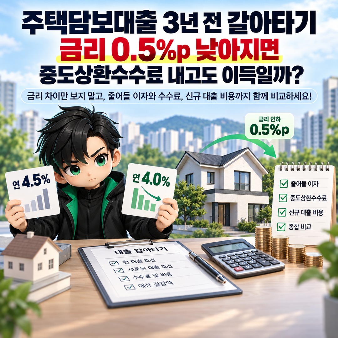 주택담보대출 3년 전 갈아타기, 금리 0.5%p 낮아지면 중도상환수수료 내고도 이득일까? 핵심 내용 정보형 썸네일