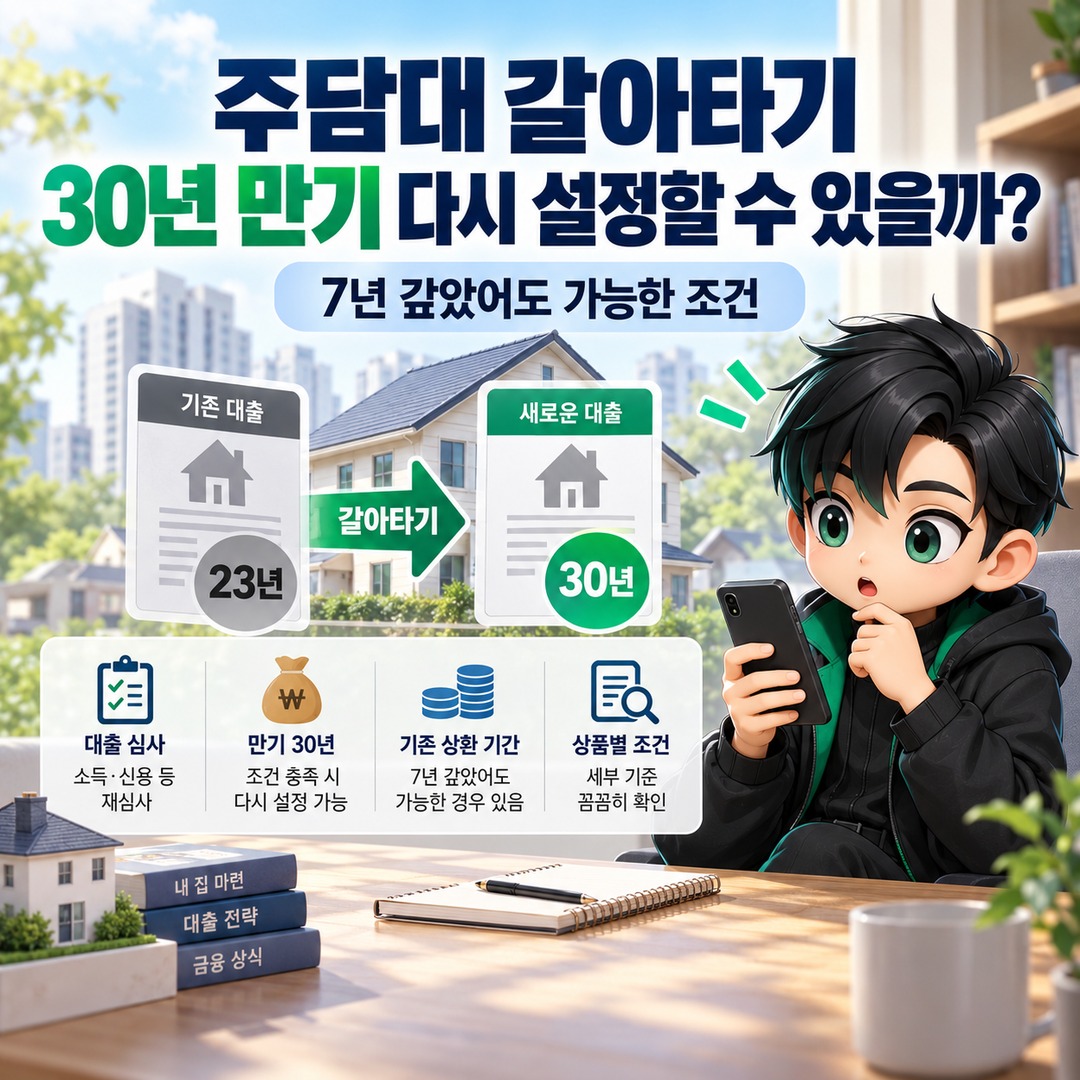 주담대 갈아타기 30년 만기 다시 설정할 수 있을까? 7년 갚았어도 가능한 조건 핵심 내용 정보형 썸네일