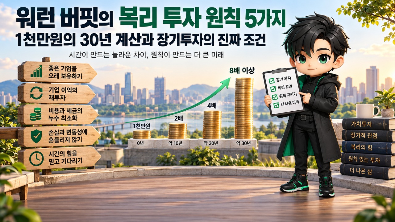 워런 버핏의 복리 투자 원칙 5가지｜1천만원의 30년 계산과 장기투자의 진짜 조건 핵심 내용 정보형 썸네일