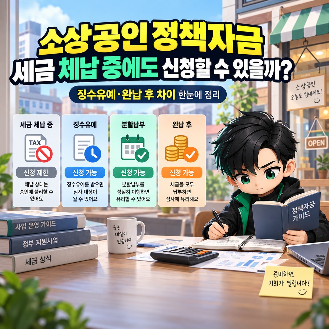 소상공인 정책자금 세금 체납 중에도 신청할 수 있을까? 징수유예·완납 후 차이 핵심 내용 정보형 썸네일