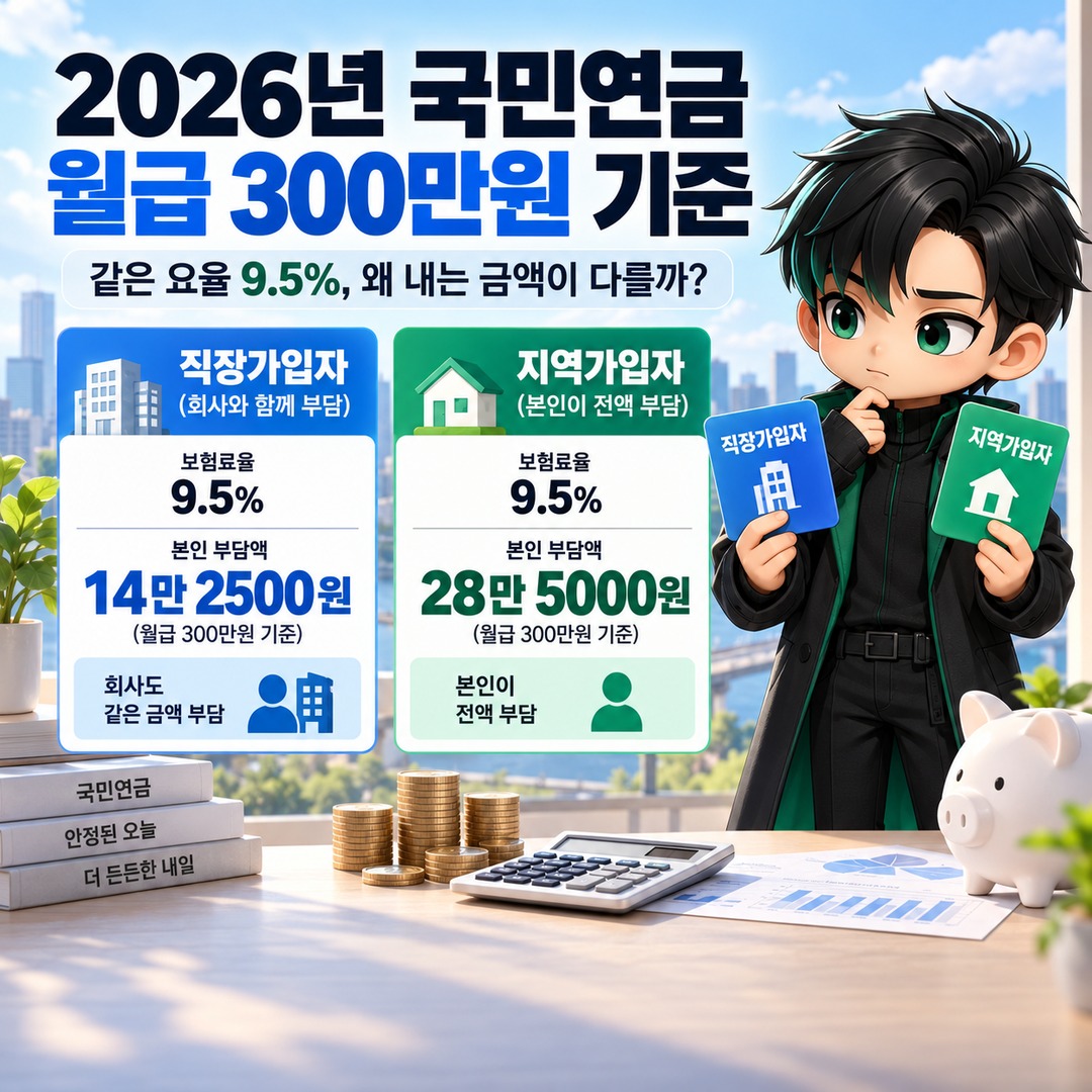 2026 National Pension contributions based on a monthly salary of 3 million won: Informational thumbnail explaining why employees pay 142,500 won and individually insured members pay 285,000 won