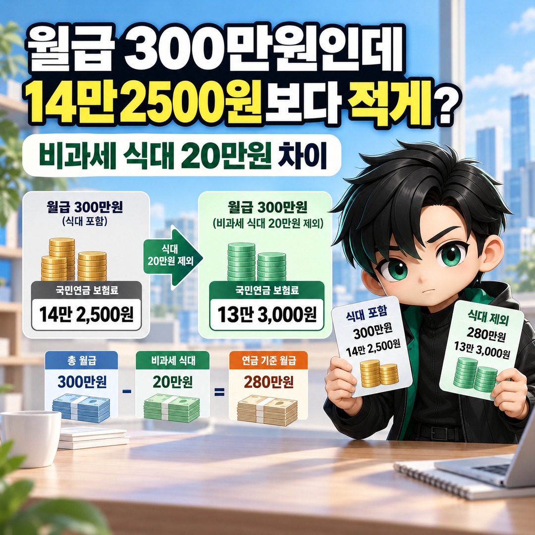 2026 National Pension infographic explaining why less than KRW 142,500 may be deducted from a KRW 3 million monthly salary and the impact of a KRW 200,000 tax-exempt meal allowance