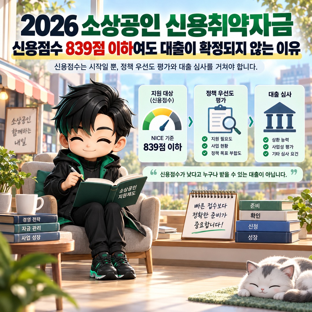 2026 소상공인 신용취약자금, 신용점수 839점 이하여도 대출이 확정되지 않는 이유 핵심 내용 정보형 썸네일