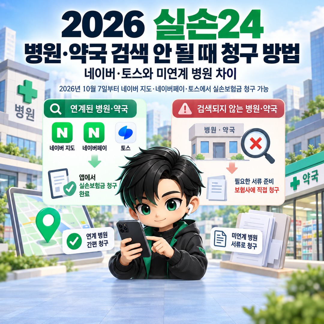 2026 Silson24: Informational thumbnail explaining how to claim insurance when hospitals or pharmacies do not appear in search results, and the differences between Naver, Toss, and unconnected medical institutions