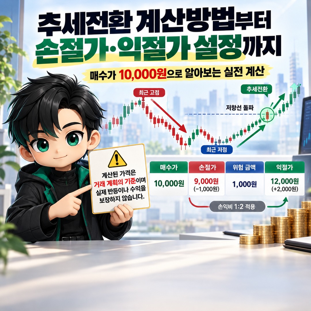 추세전환 계산방법부터 손절가·익절가 설정까지, 매수가 10,000원으로 알아보는 실전 계산 핵심 내용 정보형 썸네일