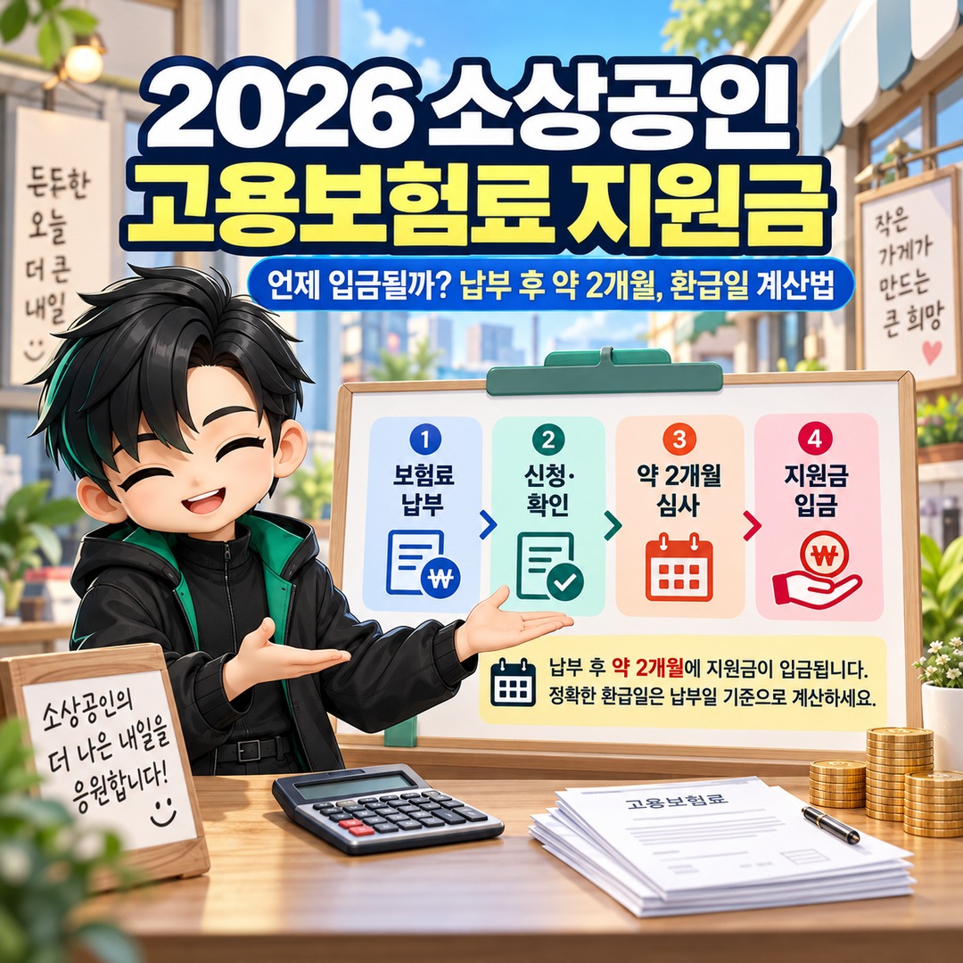 2026 소상공인 고용보험료 지원금 언제 입금될까? 납부 후 약 2개월, 환급일 계산법 핵심 내용 정보형 썸네일