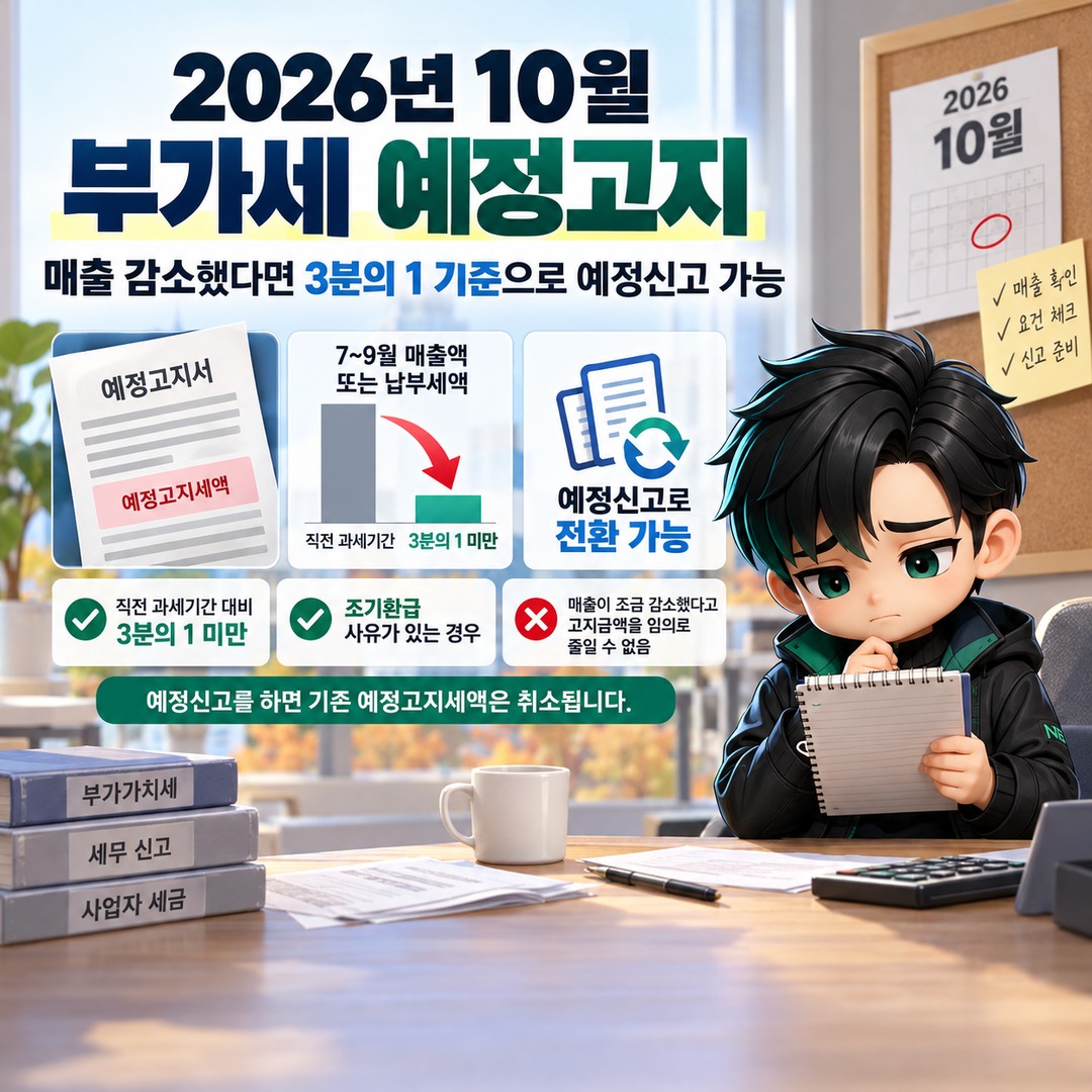 2026년 10월 부가세 예정고지, 매출 감소했다면 3분의 1 기준으로 예정신고 가능 핵심 내용 정보형 썸네일
