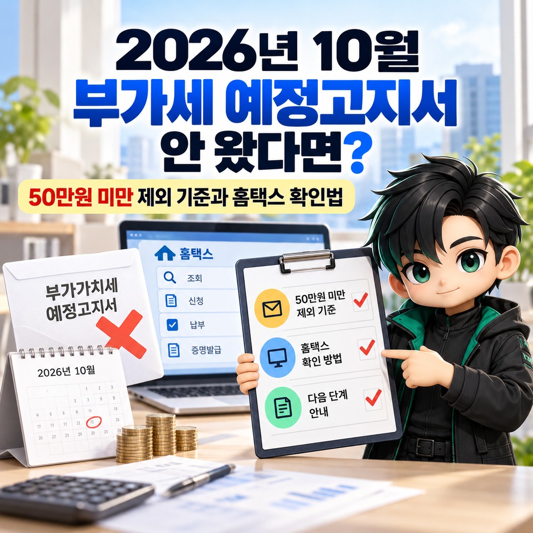 2026년 10월 부가세 예정고지서 안 왔다면? 50만원 미만 제외 기준과 홈택스 확인법 핵심 내용 정보형 썸네일