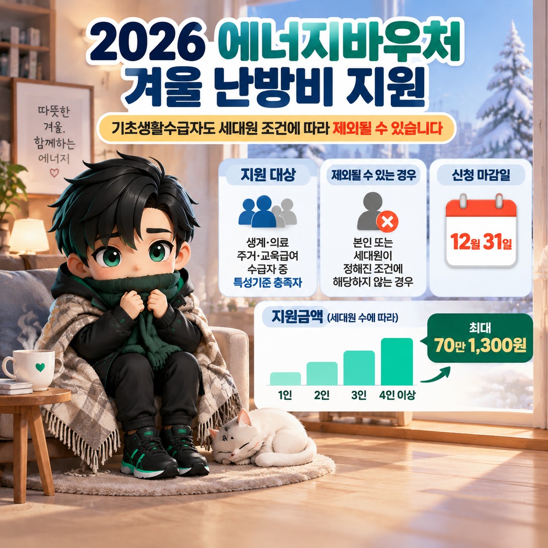 2026 에너지바우처 겨울 난방비 지원, 기초생활수급자도 세대원 조건에 따라 제외되는 경우 핵심 내용 정보형 썸네일