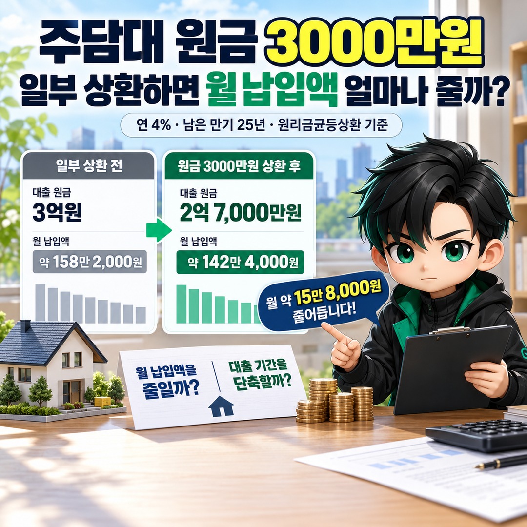 주담대 원금 3000만원 일부 상환하면 월 납입액 얼마나 줄까? 기간 단축과 실제 차이 핵심 내용 정보형 썸네일