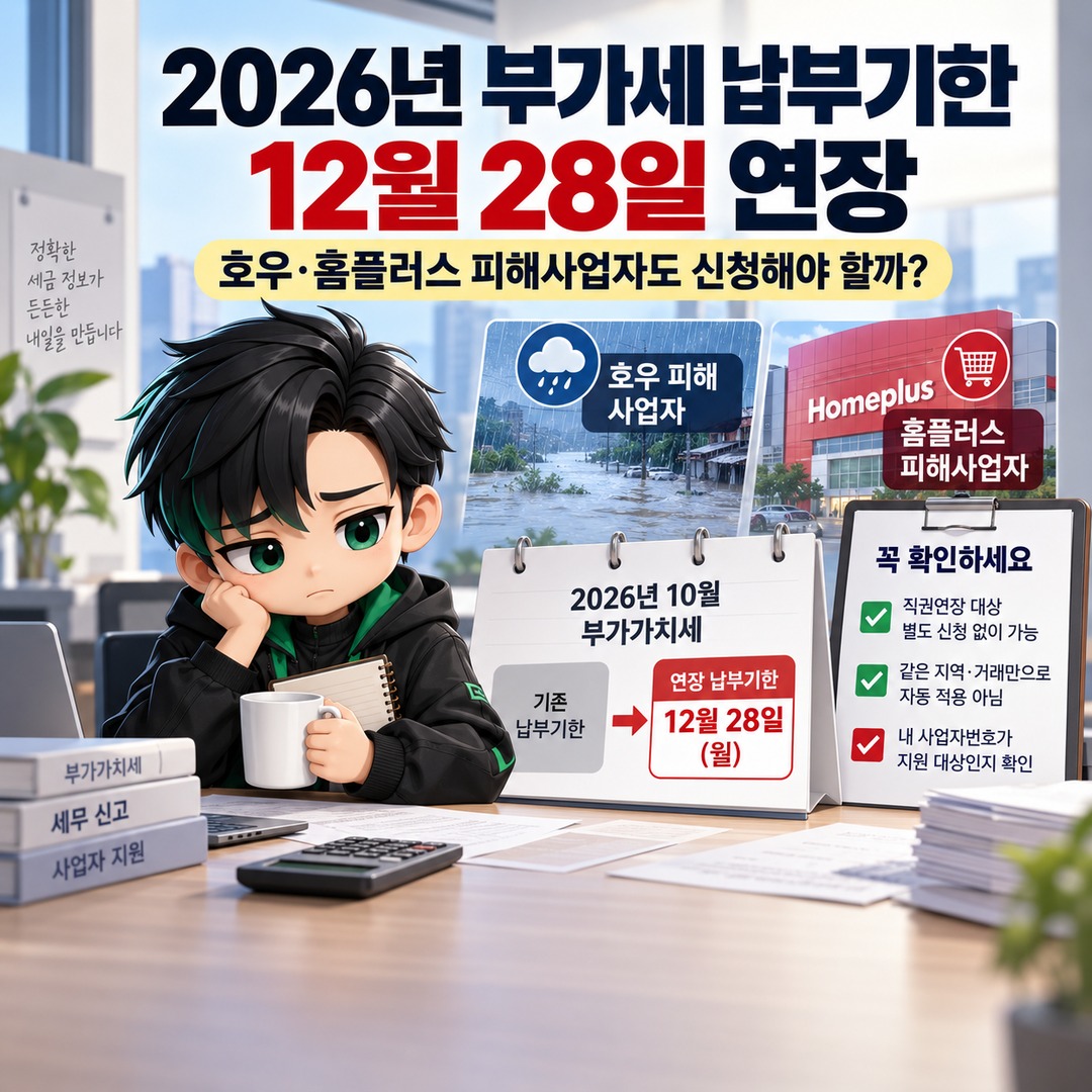 2026 VAT payment deadline extended to December 28: Do businesses affected by heavy rainfall or Homeplus need to apply? Informational thumbnail summarizing the key points