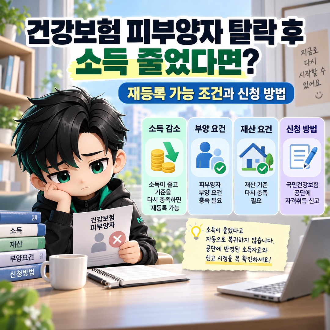 Informational thumbnail summarizing the key requirements and application process for re-enrolling as a health insurance dependent after losing eligibility due to income