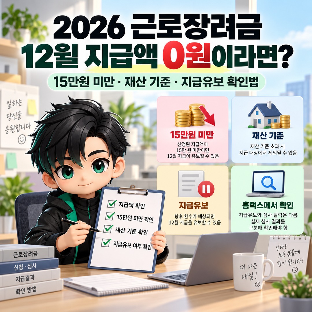 2026 Earned Income Tax Credit: What If Your December Payment Is 0 Won? Informational Thumbnail Explaining the Under-150,000-Won Threshold, Asset Requirements, and Payment Deferrals