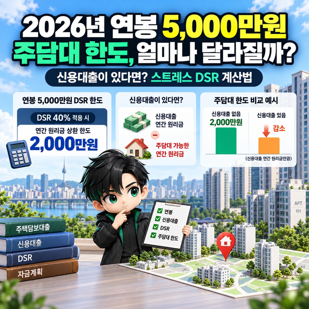 2026 mortgage loan limit on an annual salary of 50 million won: How much does an existing personal loan change it? Informational thumbnail explaining the key points of stress DSR calculations