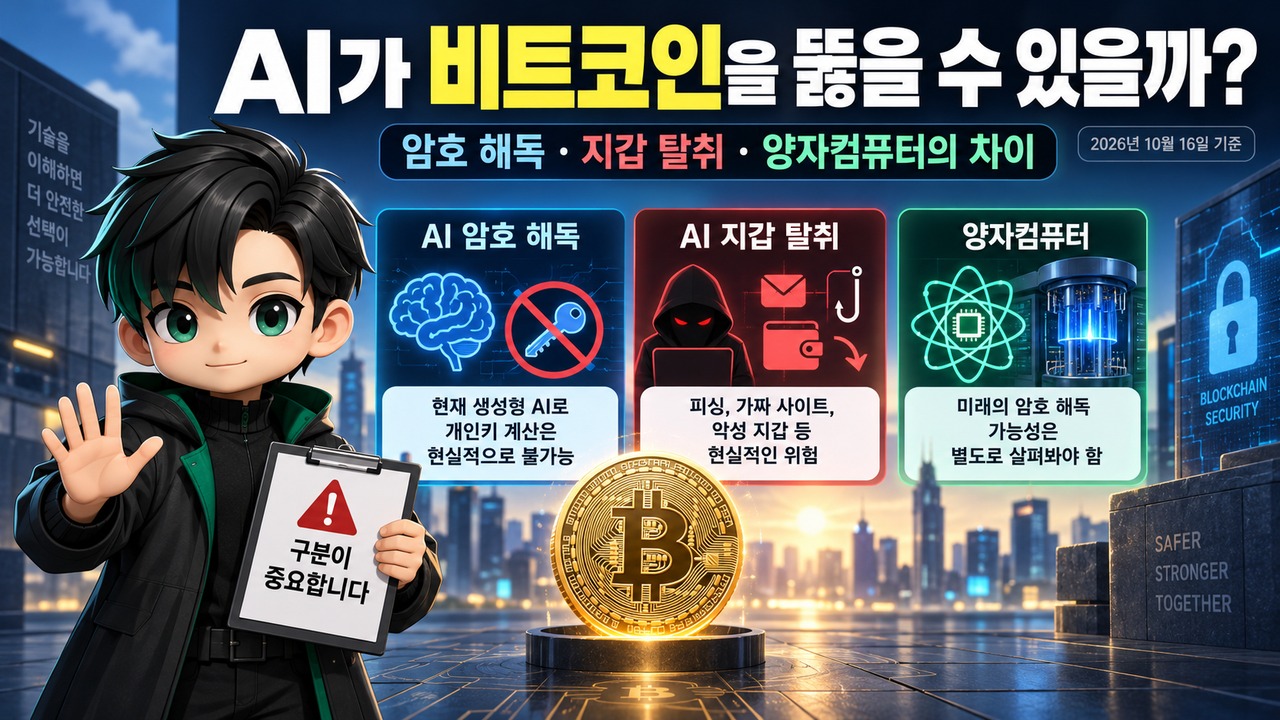 AI가 비트코인을 뚫을 수 있을까? 암호 해독·지갑 탈취·양자컴퓨터의 차이 핵심 내용 정보형 썸네일