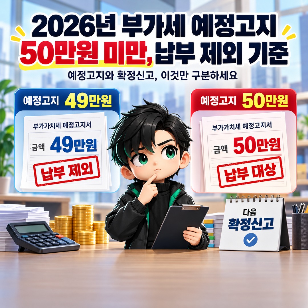 2026 VAT preliminary notice below 500,000 won: Informational thumbnail explaining the collection exemption threshold and differences from the final VAT return