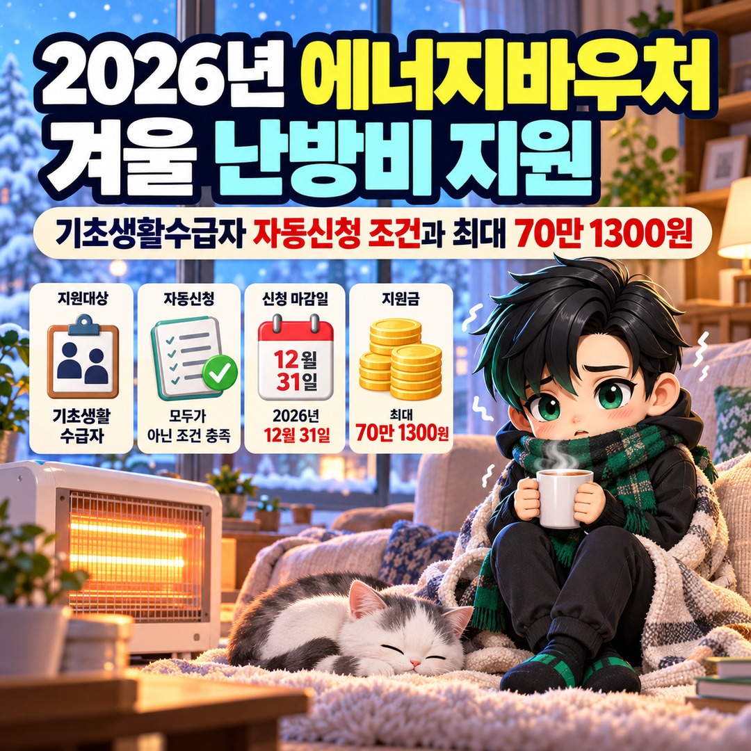 2026 Energy Voucher winter heating support, automatic application requirements for basic livelihood security recipients, and how to use up to 701,300 won - Informational thumbnail highlighting the key points