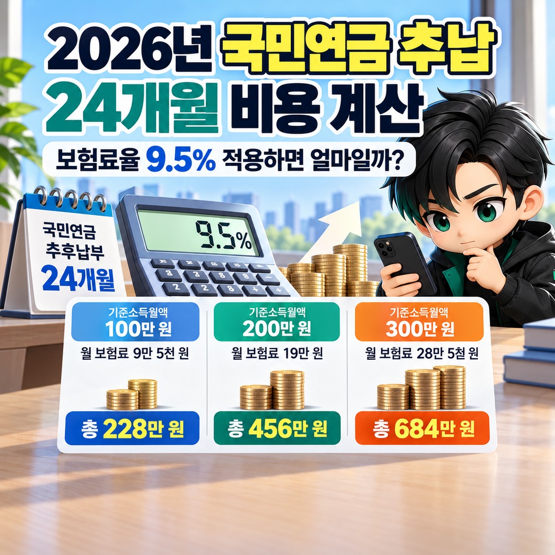 2026 National Pension back-payment cost calculation for 24 months: How much would it cost at the 9.5% contribution rate? Informational thumbnail summarizing the key points