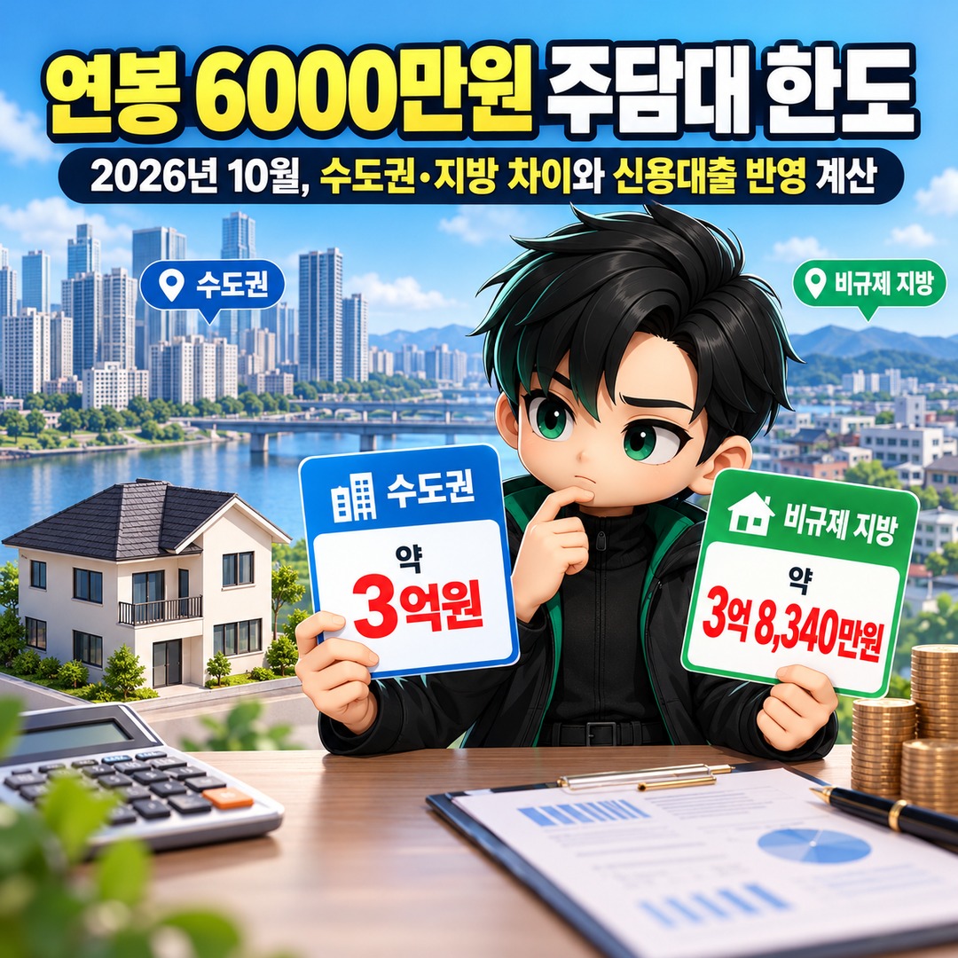 Mortgage loan limit for an annual salary of KRW 60 million: October 2026 comparison between the Seoul metropolitan area and other regions, including calculations accounting for personal loans