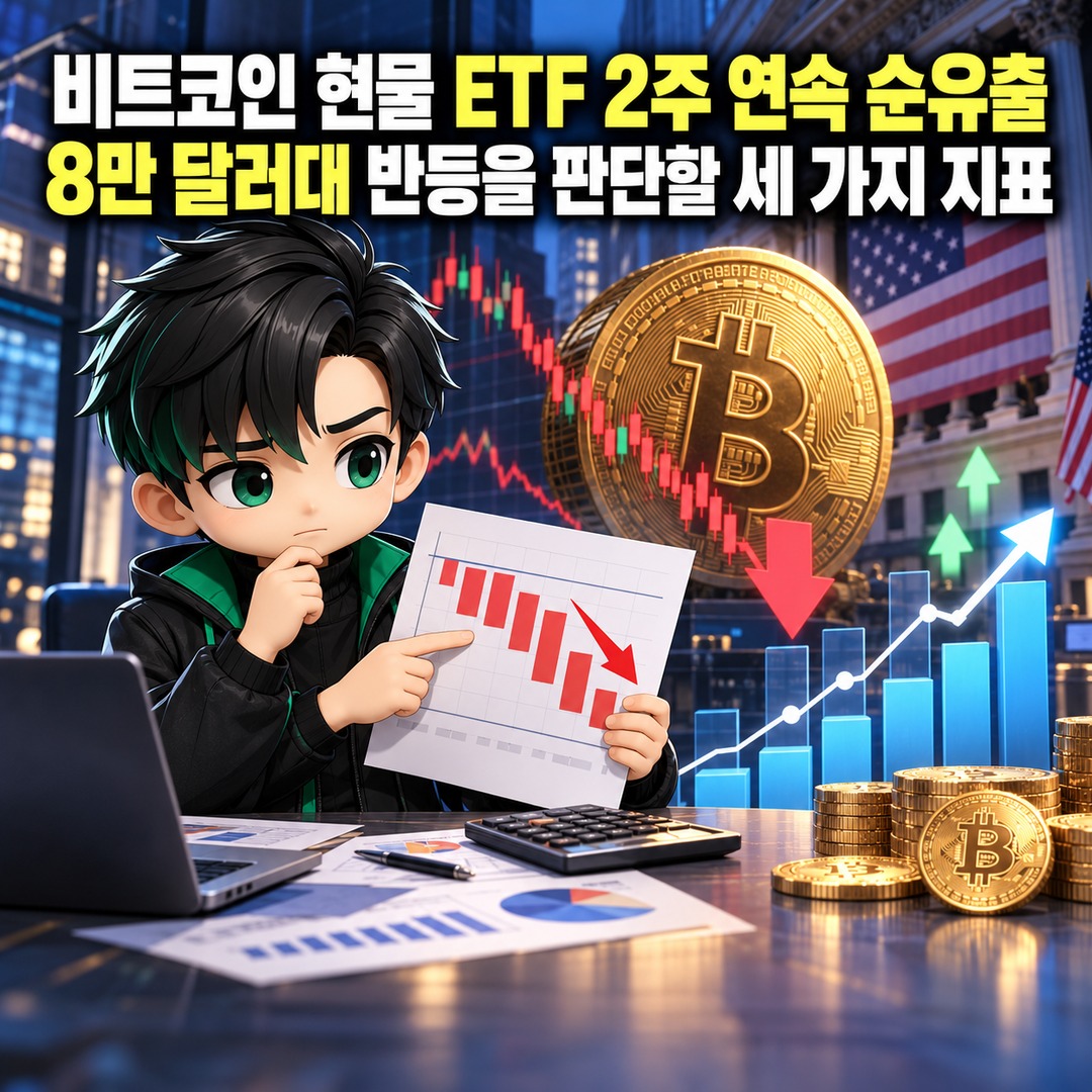 Informational thumbnail highlighting three key indicators for assessing a Bitcoin rebound toward $80,000 following two consecutive weeks of net outflows from spot Bitcoin ETFs