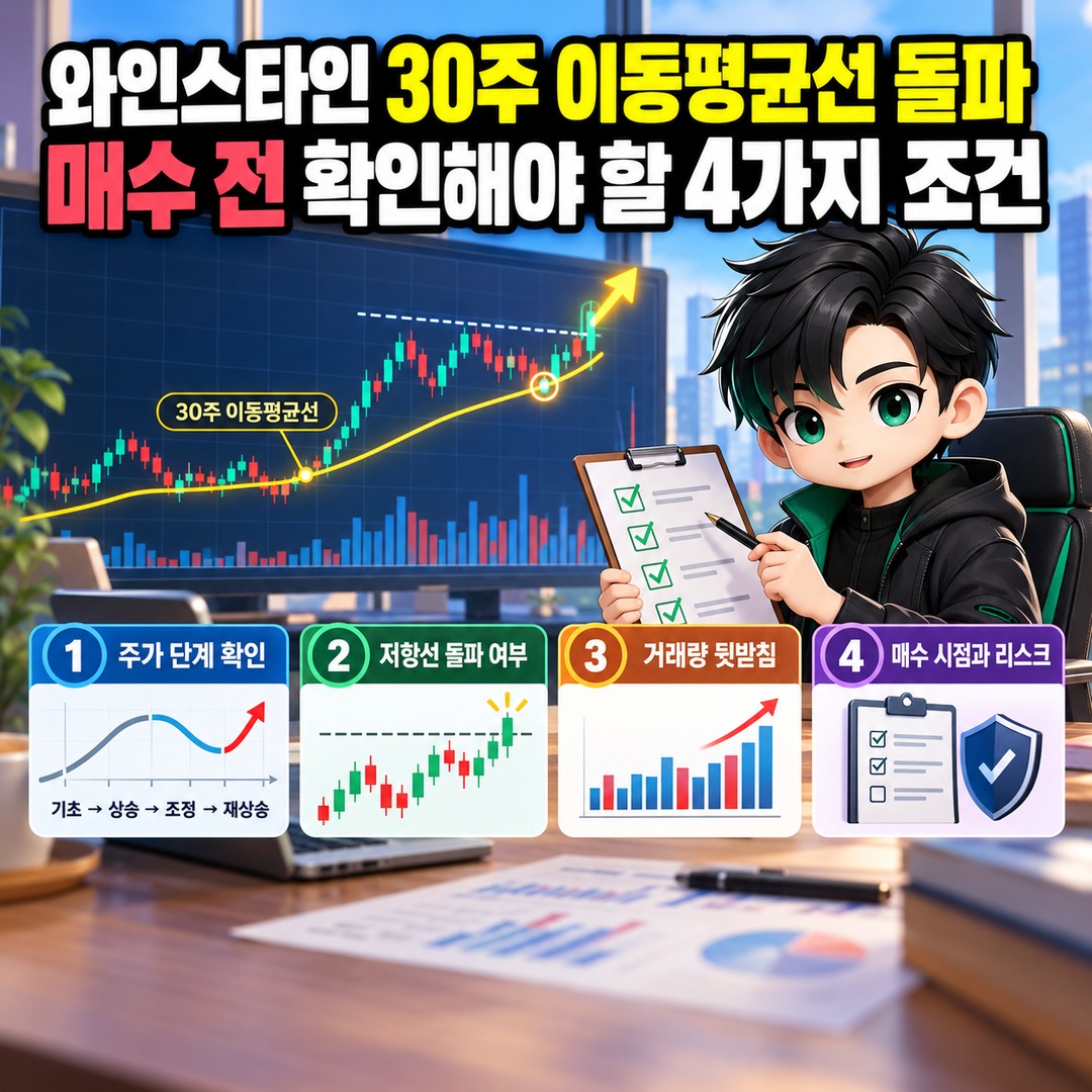 Informational thumbnail highlighting the key points of Weinstein's 30-week moving average breakout and the 4 conditions to check before buying