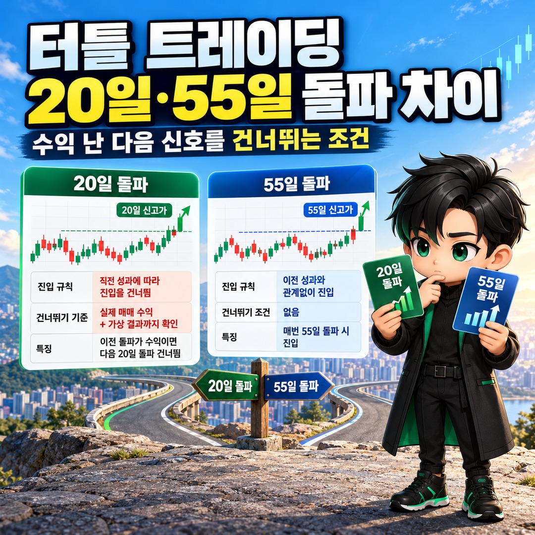 Informational thumbnail explaining the key differences between 20-day and 55-day Turtle Trading breakouts and the conditions for skipping the next signal after a winning breakout