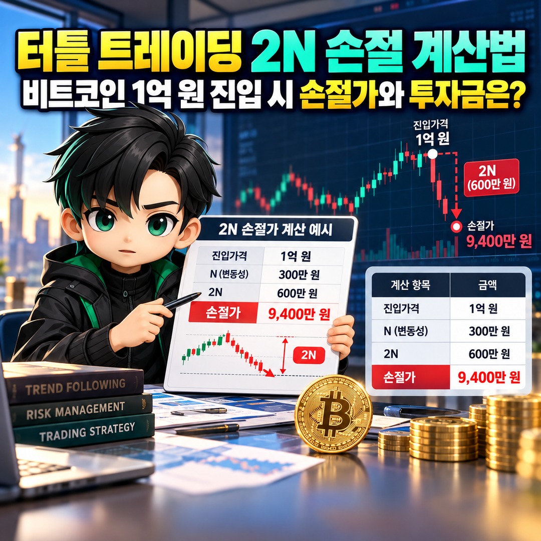 터틀 트레이딩 2N 손절 계산법, 비트코인 1억 원 진입 시 손절가와 투자금은? 핵심 내용 정보형 썸네일