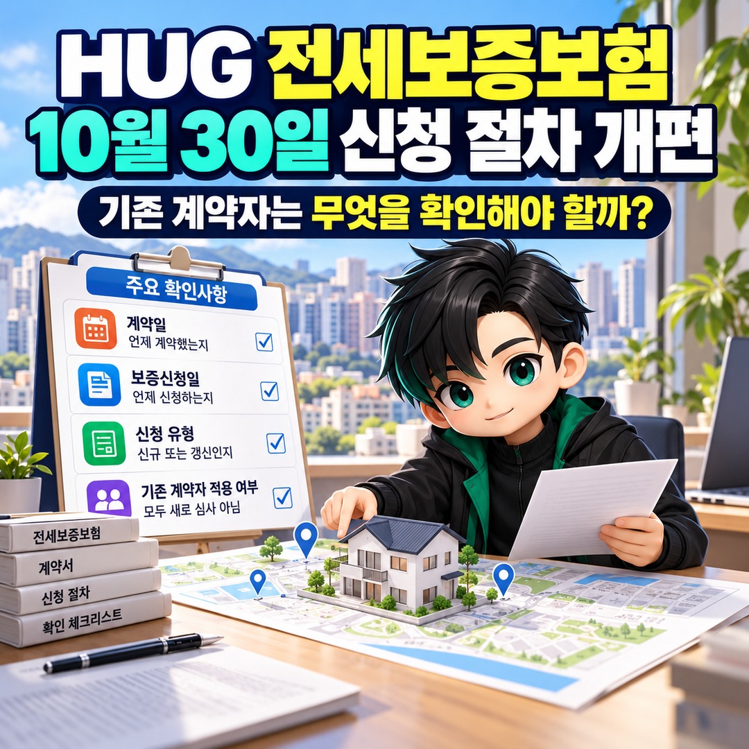 Informational thumbnail summarizing HUG jeonse deposit guarantee application process changes on October 30 and what existing tenants should check
