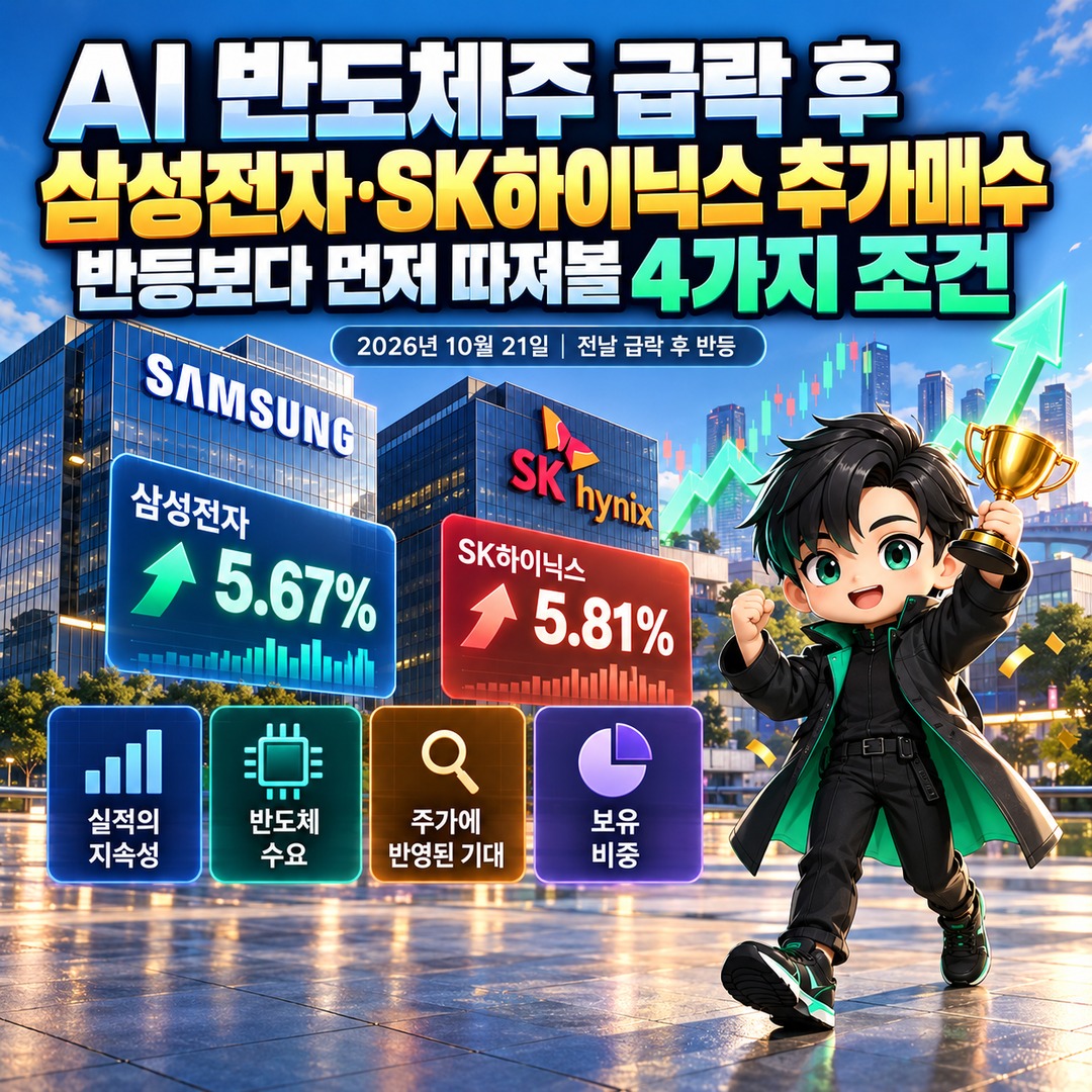 Informational thumbnail summarizing 4 conditions to check before buying more Samsung Electronics and SK Hynix shares following the AI semiconductor stock plunge, rather than focusing solely on the rebound