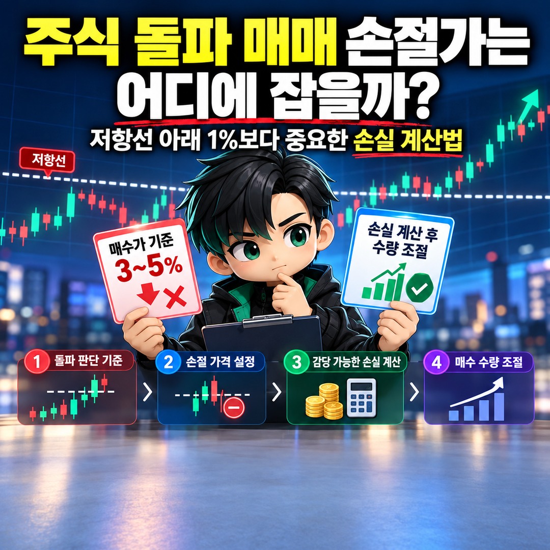 주식 돌파 매매 손절가는 어디에 잡을까? 저항선 아래 1%보다 중요한 손실 계산법 핵심 내용 정보형 썸네일